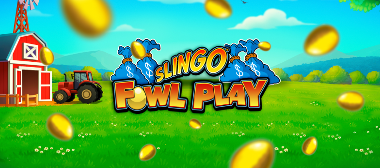 Slingo Fowl Play slot game Slingo Casino farmyard games farm gaming mrq online casino real money bets bales of hay barnyard