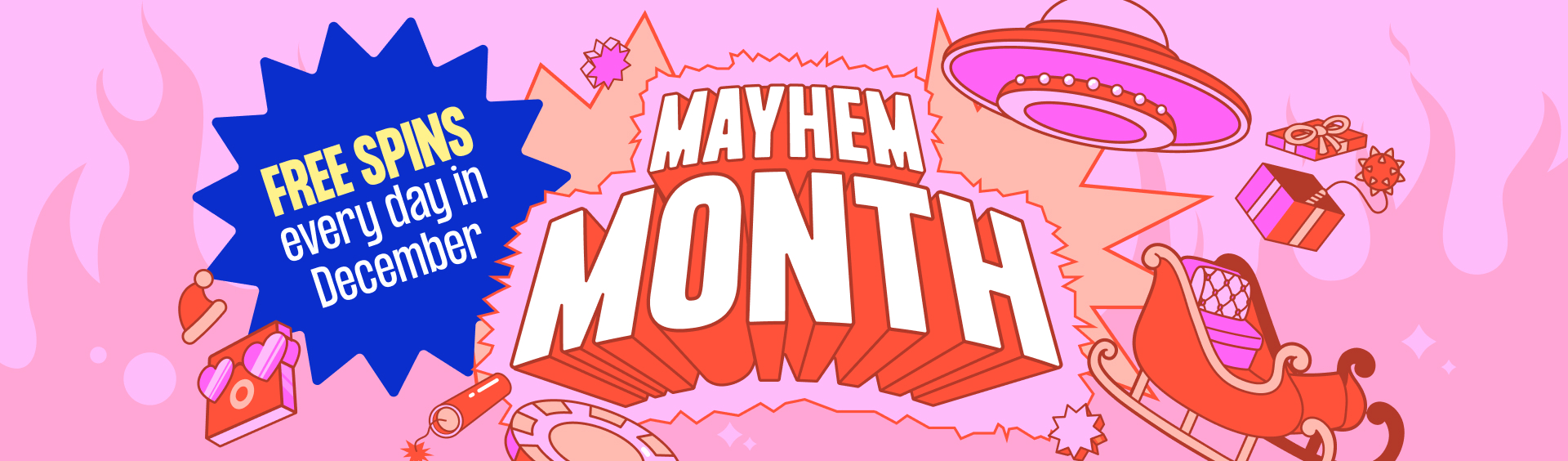 Mayhem Month December Free Spins Free daily spins free spins no wagering UK free spins mobile casino online casino free spins promo code december