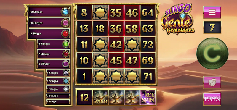 Slingo Genie Gemstones online casino game Slingo Casio Gem games Genie games with gems Desert gaming real money bets mrq online casino no wagering slingo reels