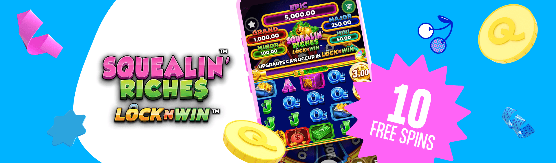 Verify your Mobile Squealin Riches Lock n win Slot Game 10 free spins mobile games mobile casino app real money bets no wagering casino