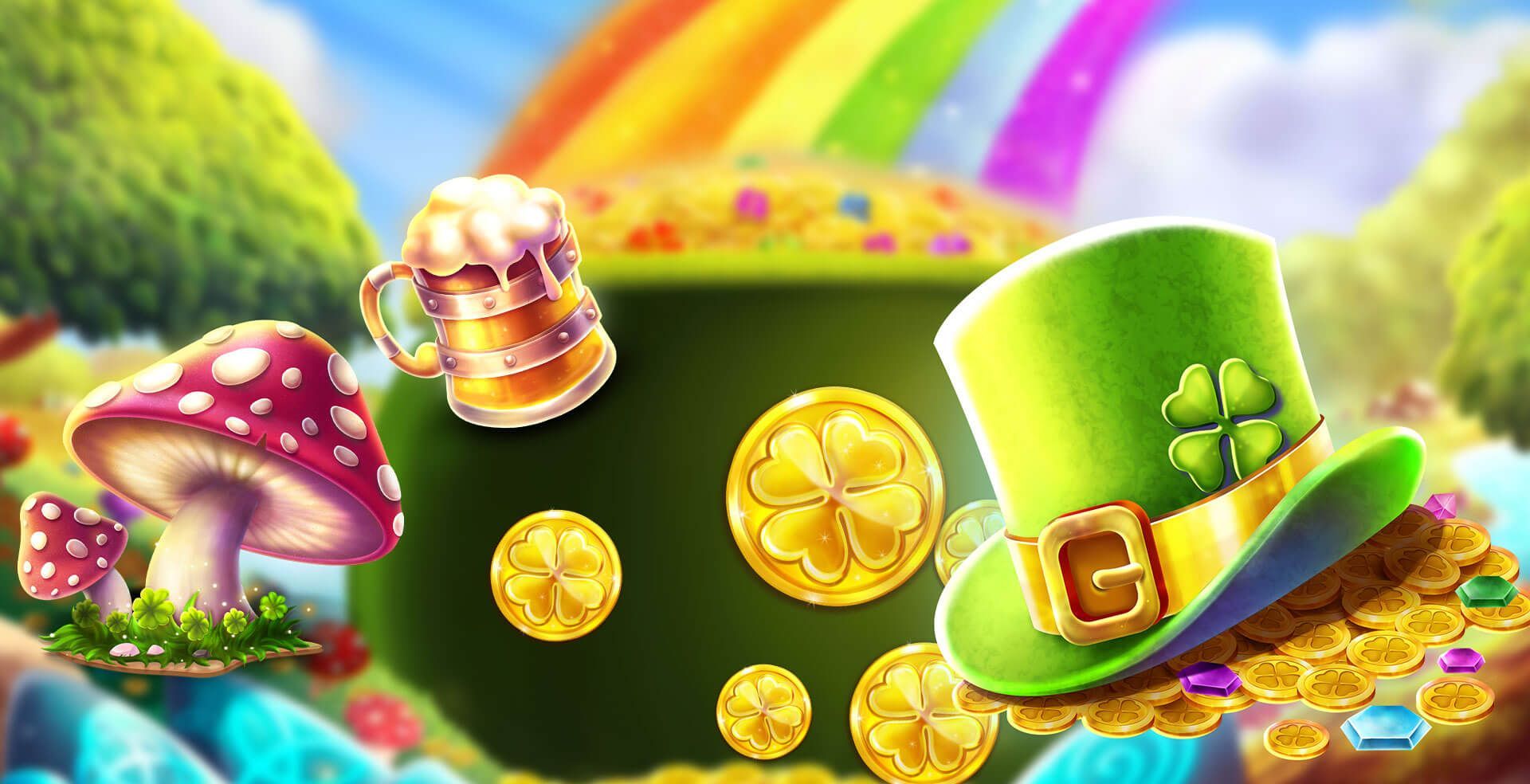 Amazing Link Riches slot game Amazing link slots pot of gold rainbow meadow Irish slots MrQ online casino UK no wagering real money bets leprechaun hat lucky mushroom