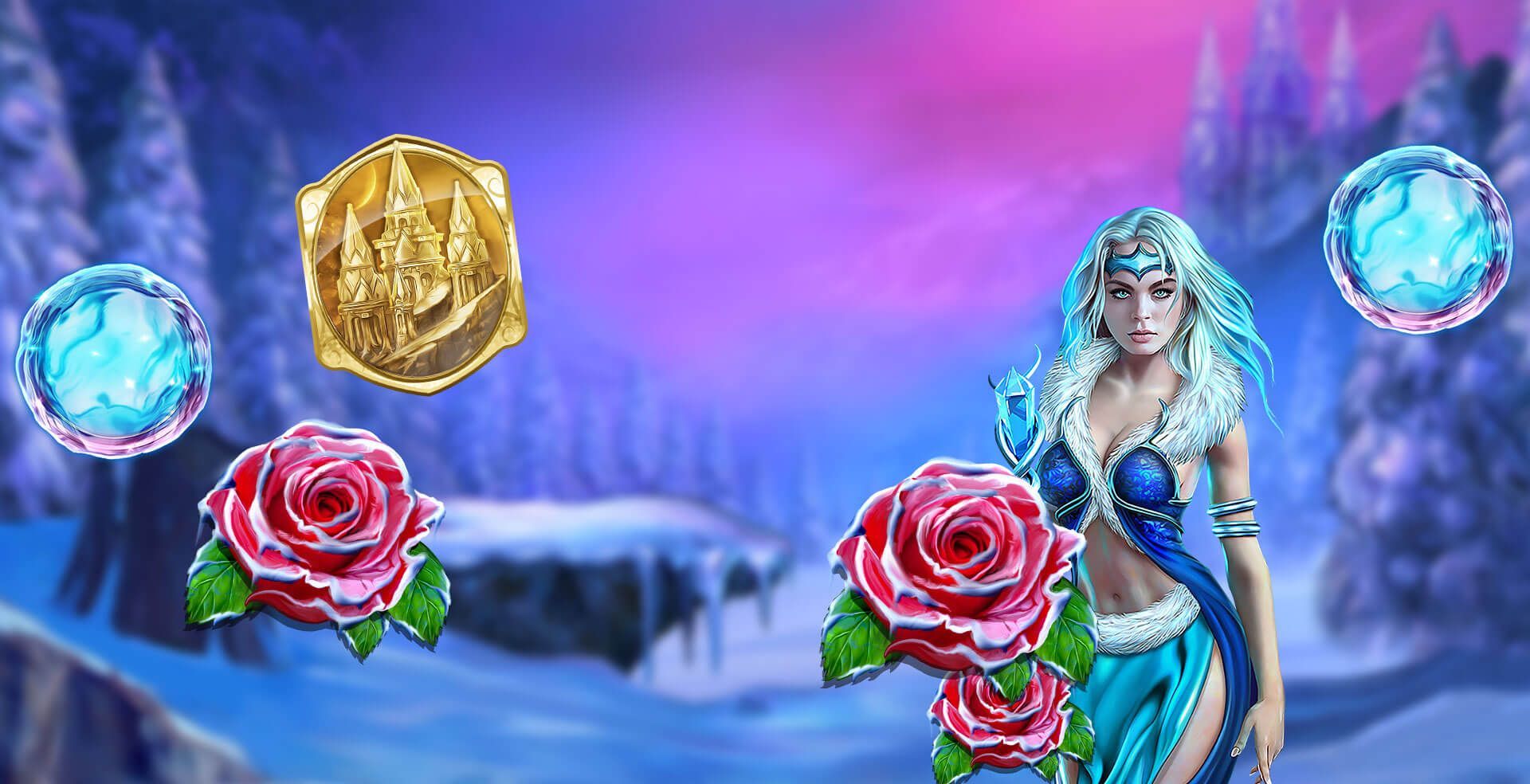 Arctic Enchantress Link and Win slot game Frosty games winter is coming blonde woman graphic snow capped pine trees mrq online casino UK real money bets no wagering