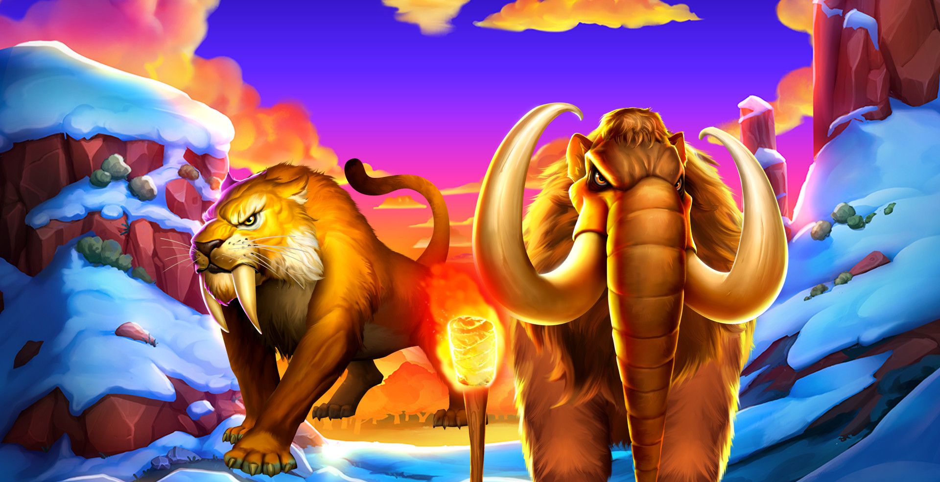 Blazing Mammoth Epic Strike slot game Wooly Mammoth graphic ice age games sunset real money bets no wagering casino saber tooth tiger