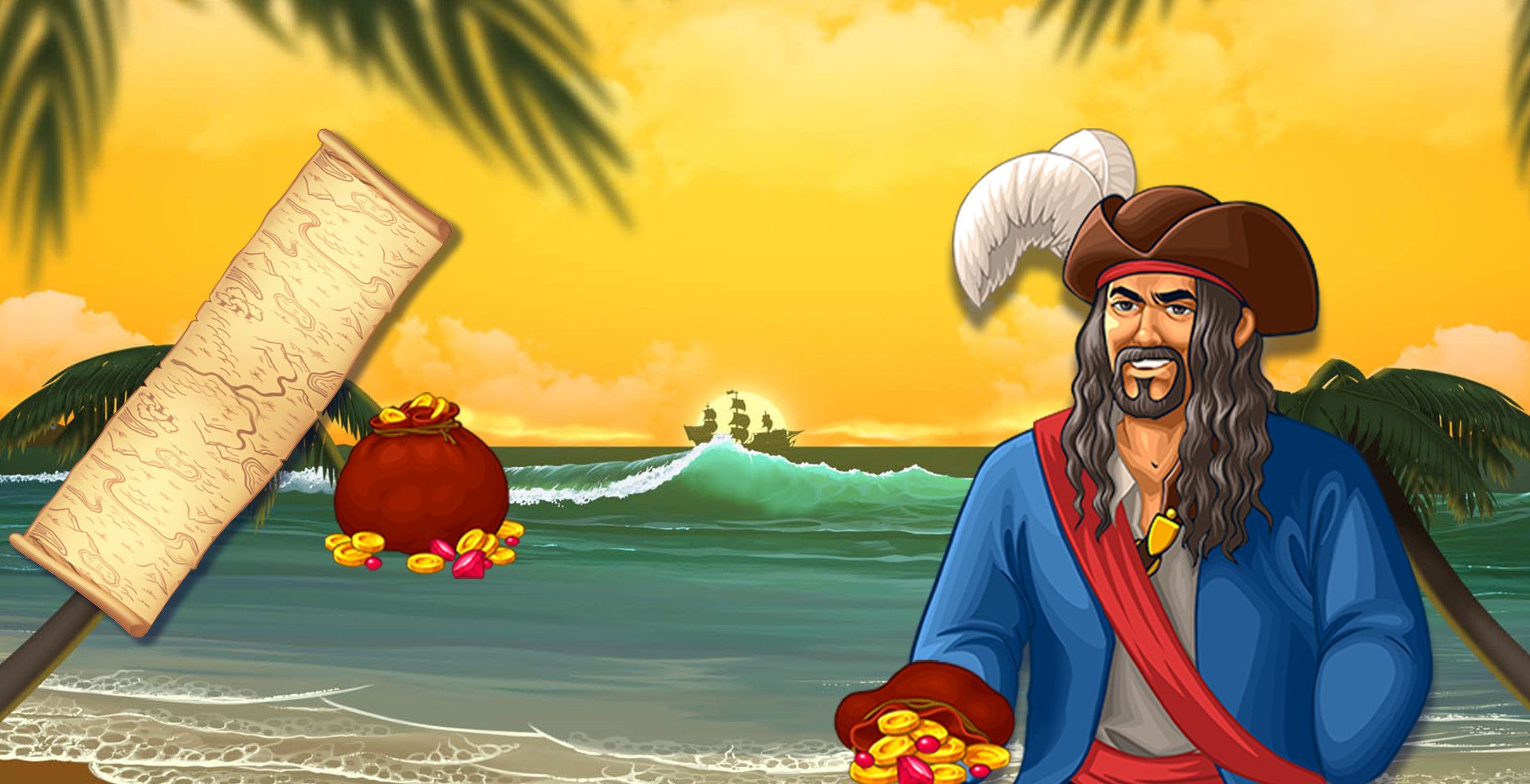 Buckaneers Frenzy slot game pirate games palm trees beach Pirate games MrQ online casino UK no wagering real money bets pirate hat treasure map