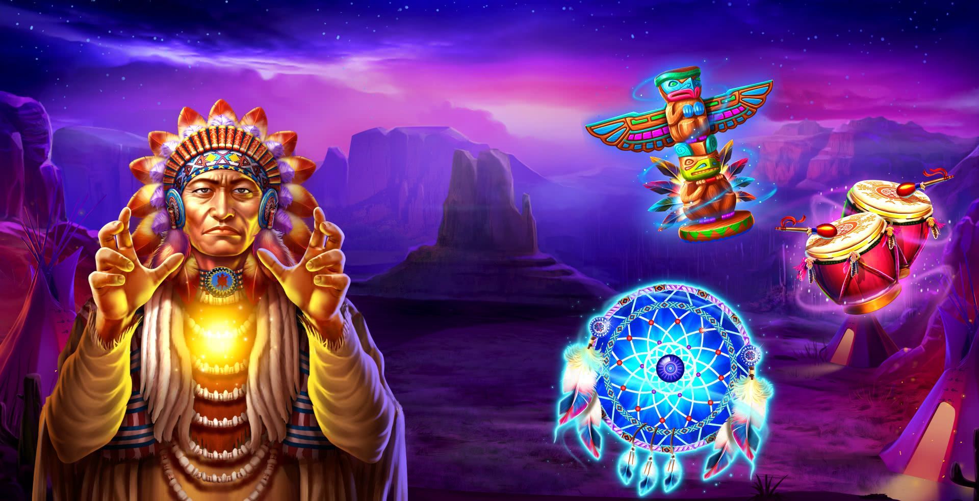 Mystic Chief slot game Native American gaming Native American Chief graphic cartoon Old American Headdress real money bets mrq online casino no wagering