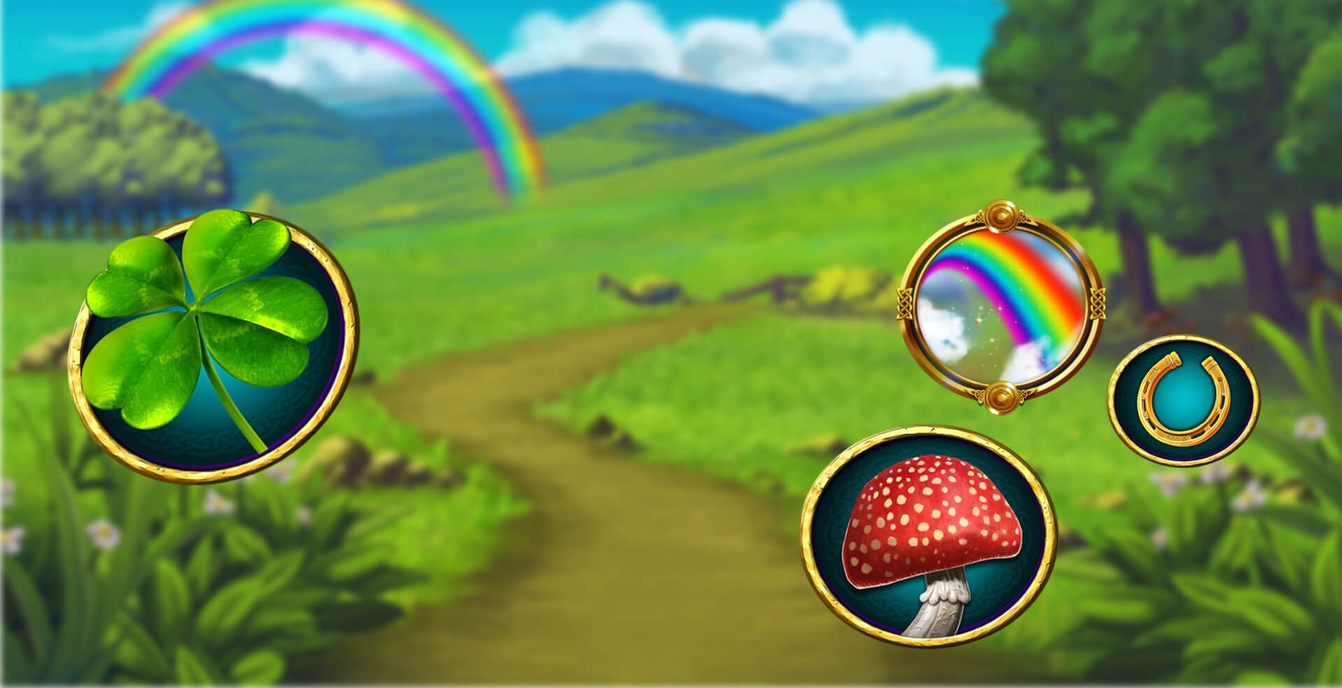 Rainbow Cash Pots slot game rainbow games Rainbow in a field Irish Countryside real money bets best irish slots 4 leaf clover shamrock