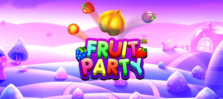 Fruit Party slot game fun gaming colourful gaming fruit graphics MrQ online casino real money bets purple clouds