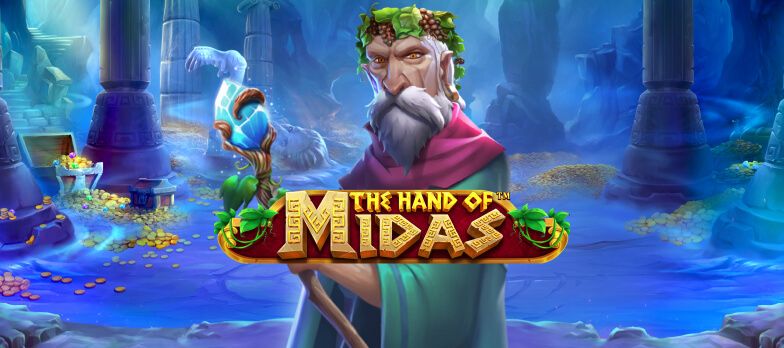 Hand of Midas slot game Greek mythology games ancient gaming blue floor real money bets no wagering casino wreath golden prizes potion graphic