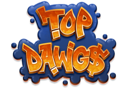 Top Dawgs slot game animal themed games palm trees cartoon dogs mrq online caisno real money bets sunset bubble graphics logo