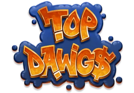 Top Dawgs slot game animal themed games palm trees cartoon dogs mrq online caisno real money bets sunset bubble graphics logo
