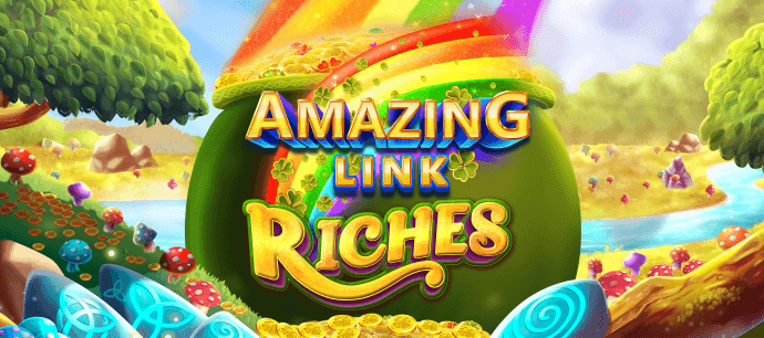 Amazing Link Riches slot game Amazing link slots pot of gold rainbow meadow Irish slots MrQ online casino UK no wagering real money bets