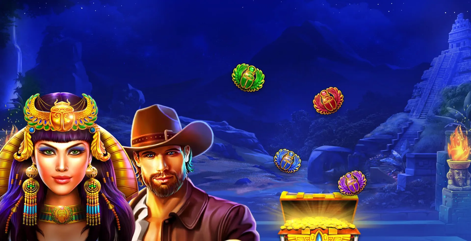 Scarab Queen slot game John Hunter and the tomb of the Scarab Queen online video slot Ancient Egyptian Queen male explorer real money bets mobile casino MrQ treasure and riches